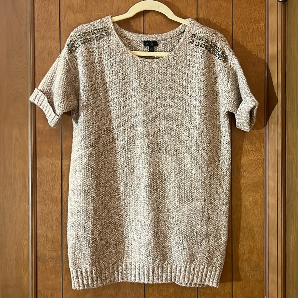 Women’s Jessica Simpson short sleeve sweater with embellished shoulders.